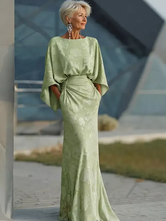 Mother Dress Jewel Neck 3/4 Length Sleeves Ball Gown Pleated Wedding Guest Dresses