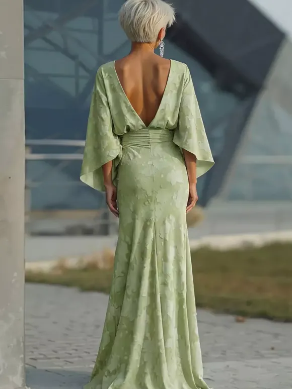 Mother Dress Jewel Neck 3/4 Length Sleeves Ball Gown Pleated Wedding Guest Dresses