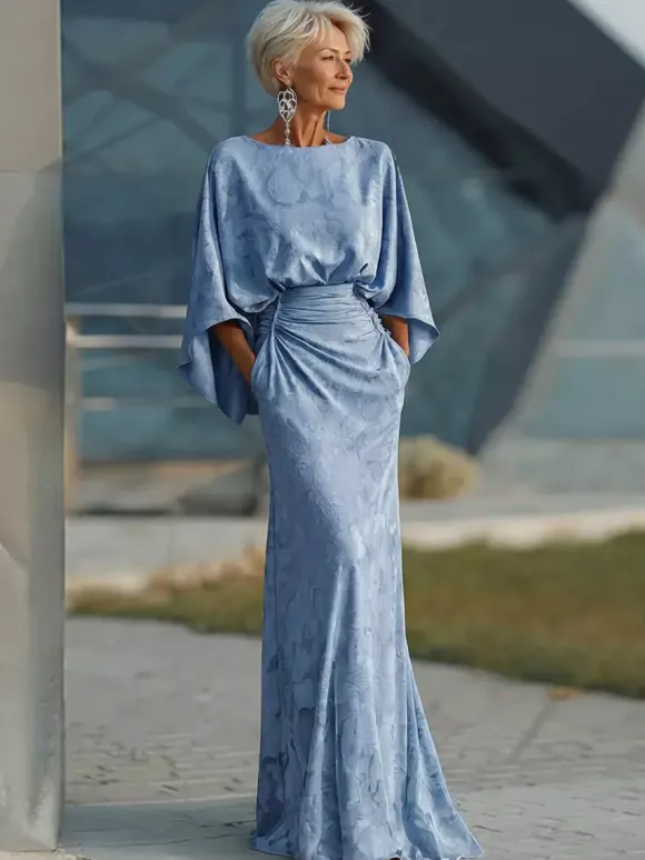Mother Dress Jewel Neck 3/4 Length Sleeves Ball Gown Pleated Wedding Guest Dresses