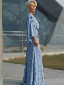 Mother Dress Jewel Neck 3/4 Length Sleeves Ball Gown Pleated Wedding Guest Dresses