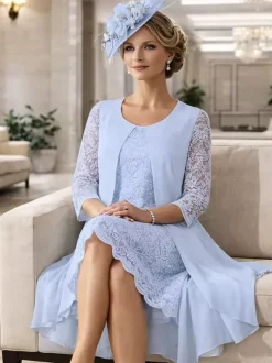 Mother Dress Jewel Neck 3/4 Length Sleeves A-Line Lace Guest Dresses For Wedding