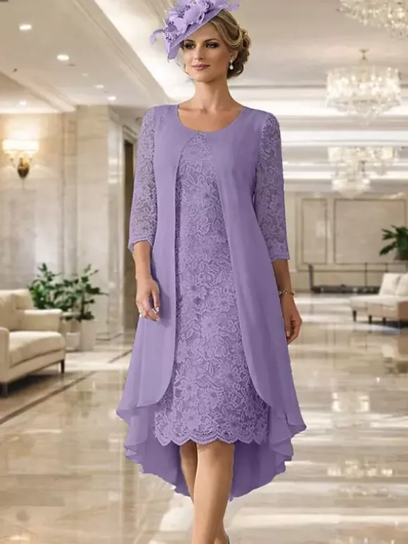 Mother Dress Jewel Neck 3/4 Length Sleeves A-Line Lace Guest Dresses For Wedding
