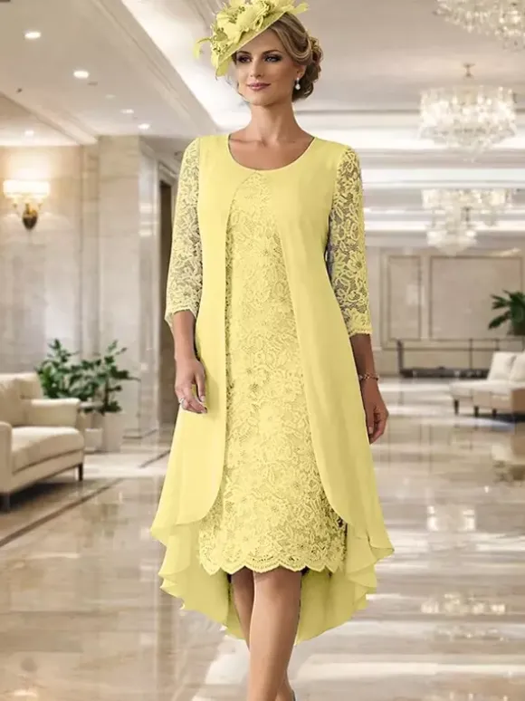 Mother Dress Jewel Neck 3/4 Length Sleeves A-Line Lace Guest Dresses For Wedding