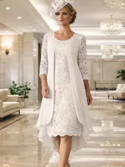 Mother Dress Jewel Neck 3/4 Length Sleeves A-Line Lace Guest Dresses For Wedding
