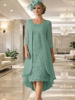 Mother Dress Jewel Neck 3/4 Length Sleeves A-Line Lace Guest Dresses For Wedding