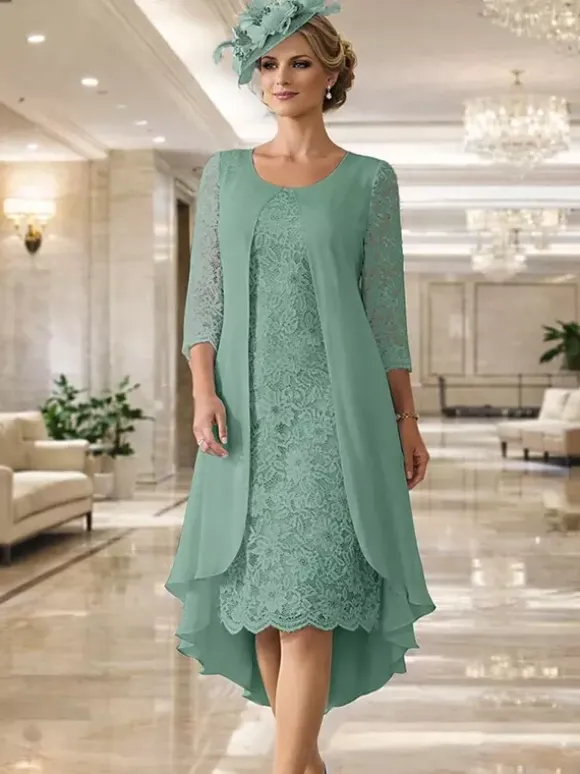 Mother Dress Jewel Neck 3/4 Length Sleeves A-Line Lace Guest Dresses For Wedding
