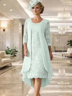 Mother Dress Jewel Neck 3/4 Length Sleeves A-Line Lace Guest Dresses For Wedding