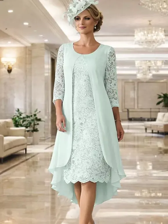 Mother Dress Jewel Neck 3/4 Length Sleeves A-Line Lace Guest Dresses For Wedding