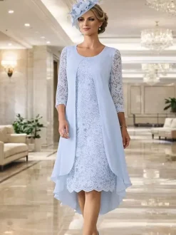 Mother Dress Jewel Neck 3/4 Length Sleeves A-Line Lace Guest Dresses For Wedding