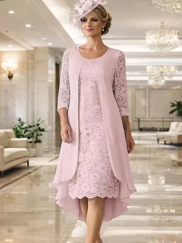 Mother Dress Jewel Neck 3/4 Length Sleeves A-Line Lace Guest Dresses For Wedding