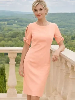 Mother Dress Jewel Neck Short Sleeves Short Bows Wedding Guest Dresses