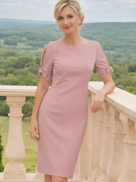 Mother Dress Jewel Neck Short Sleeves Short Bows Wedding Guest Dresses