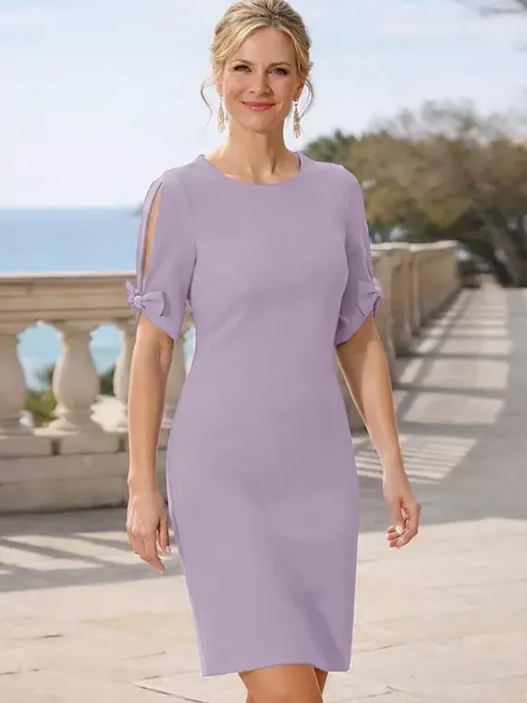 Mother Dress Jewel Neck Short Sleeves Short Bows Wedding Guest Dresses