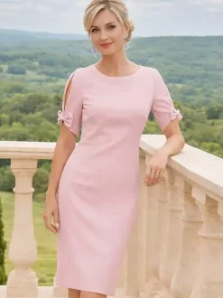 Mother Dress Jewel Neck Short Sleeves Short Bows Wedding Guest Dresses