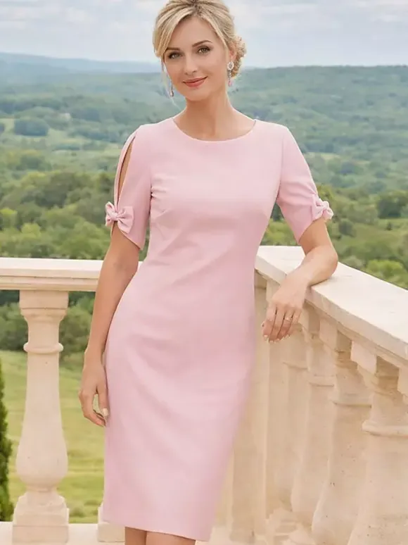 Mother Dress Jewel Neck Short Sleeves Short Bows Wedding Guest Dresses