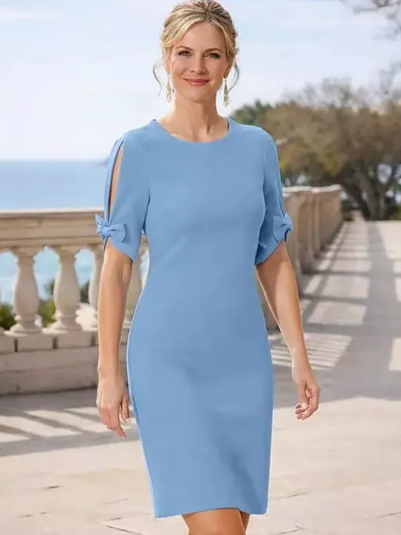 Mother Dress Jewel Neck Short Sleeves Short Bows Wedding Guest Dresses