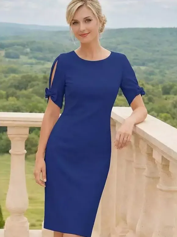 Mother Dress Jewel Neck Short Sleeves Short Bows Wedding Guest Dresses