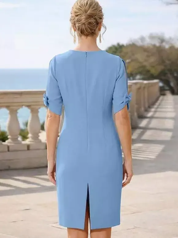 Mother Dress Jewel Neck Short Sleeves Short Bows Wedding Guest Dresses