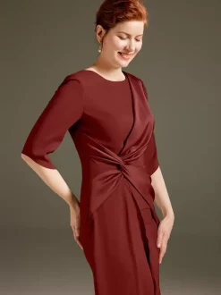 Mother Dress Jewel Neck Short Sleeves Sheath Pleated Wedding Guest Dresses
