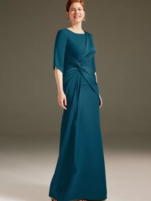Mother Dress Jewel Neck Short Sleeves Sheath Pleated Wedding Guest Dresses