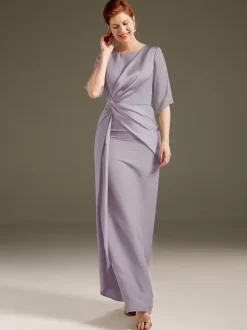Mother Dress Jewel Neck Short Sleeves Sheath Pleated Wedding Guest Dresses
