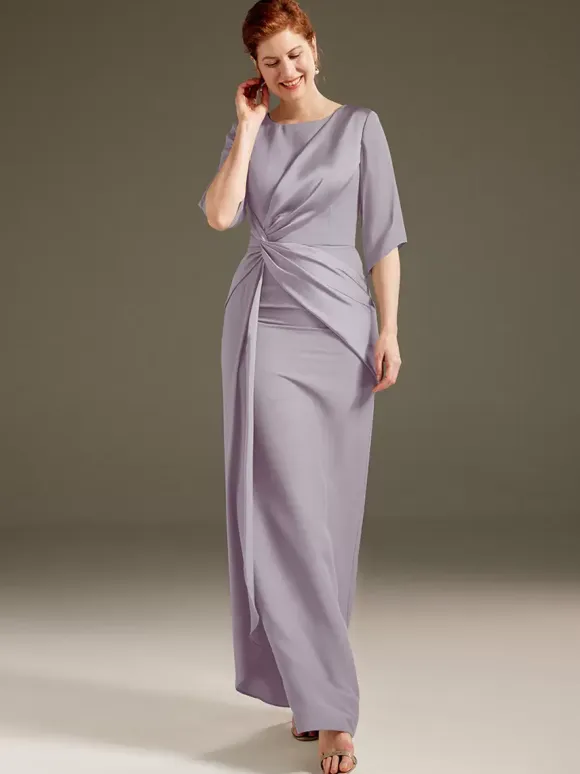Mother Dress Jewel Neck Short Sleeves Sheath Pleated Wedding Guest Dresses
