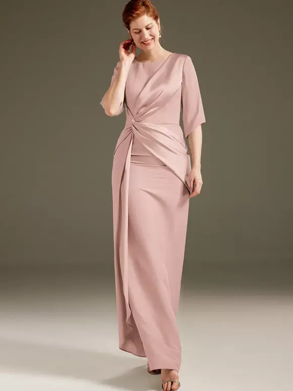 Mother Dress Jewel Neck Short Sleeves Sheath Pleated Wedding Guest Dresses