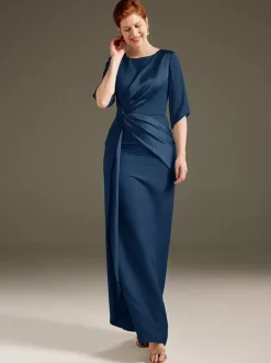 Mother Dress Jewel Neck Short Sleeves Sheath Pleated Wedding Guest Dresses