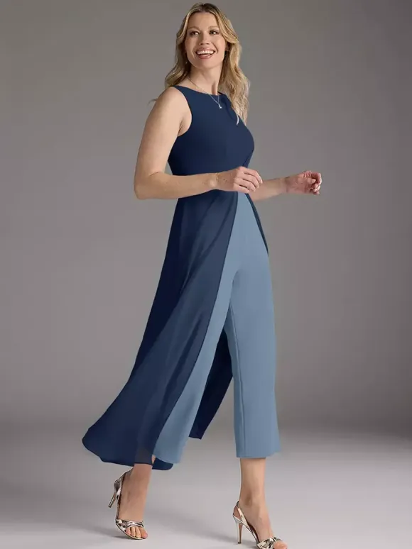 Mother Dress Jewel Neck Sleeveless Two-piece Pleated Tea-Length Guest Dresses For Wedding