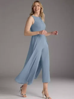 Mother Dress Jewel Neck Sleeveless Two-piece Pleated Tea-Length Guest Dresses For Wedding