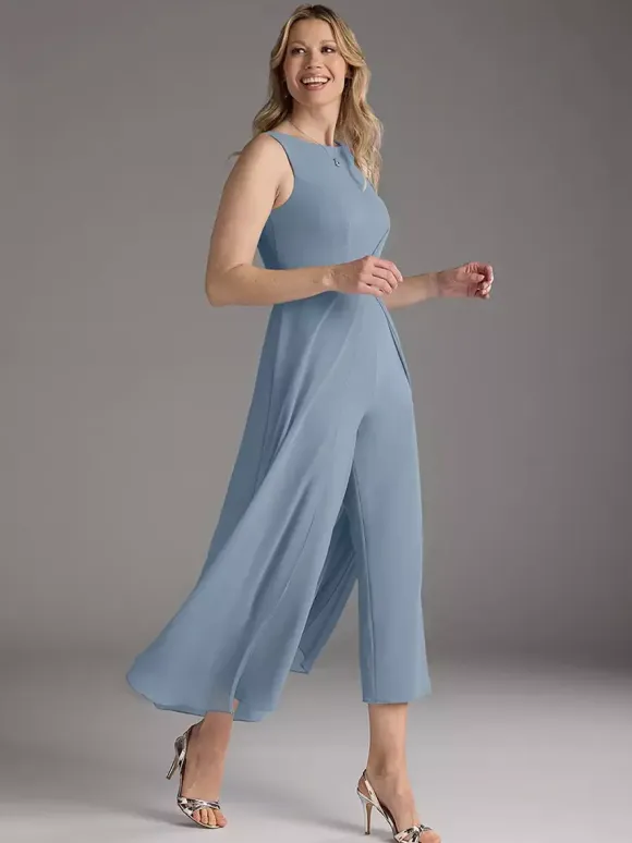 Mother Dress Jewel Neck Sleeveless Two-piece Pleated Tea-Length Guest Dresses For Wedding