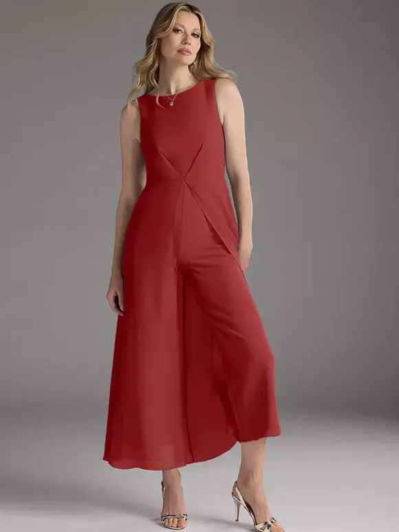 Mother Dress Jewel Neck Sleeveless Two-piece Pleated Tea-Length Guest Dresses For Wedding