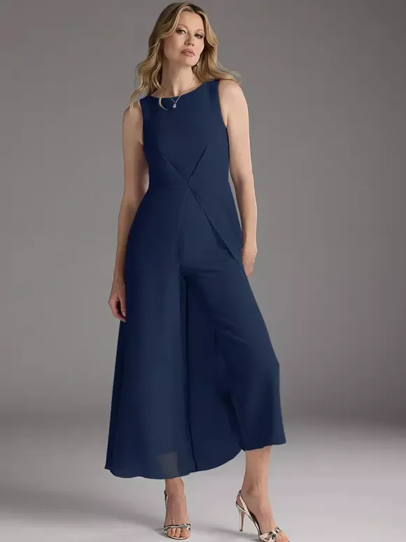 Mother Dress Jewel Neck Sleeveless Two-piece Pleated Tea-Length Guest Dresses For Wedding
