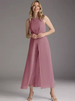 Mother Dress Jewel Neck Sleeveless Two-piece Pleated Tea-Length Guest Dresses For Wedding