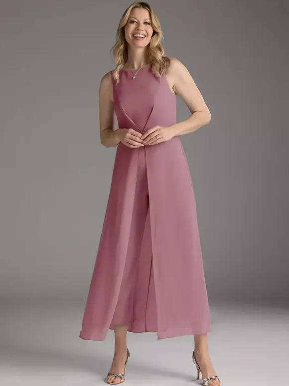 Mother Dress Jewel Neck Sleeveless Two-piece Pleated Tea-Length Guest Dresses For Wedding