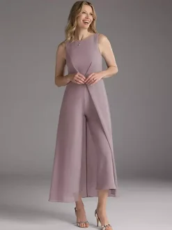 Mother Dress Jewel Neck Sleeveless Two-piece Pleated Tea-Length Guest Dresses For Wedding
