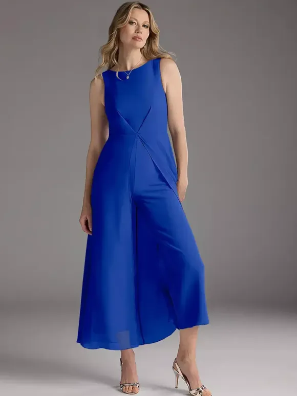 Mother Dress Jewel Neck Sleeveless Two-piece Pleated Tea-Length Guest Dresses For Wedding