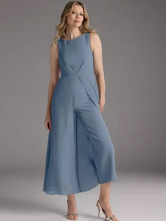 Mother Dress Jewel Neck Sleeveless Two-piece Pleated Tea-Length Guest Dresses For Wedding