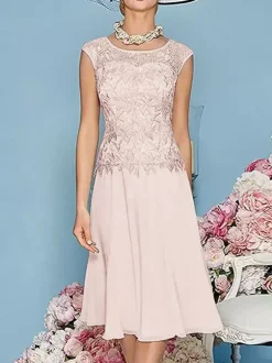 Mother Dress Jewel Neck Three Quaters Sleeves Tea-Length A-Line Guest Dresses For Wedding