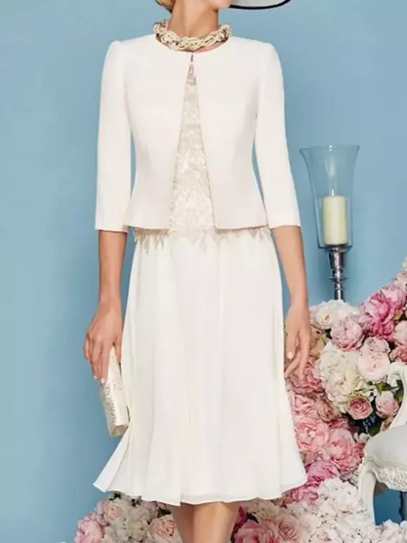 Mother Dress Jewel Neck Three Quaters Sleeves Tea-Length A-Line Guest Dresses For Wedding