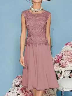 Mother Dress Jewel Neck Three Quaters Sleeves Tea-Length A-Line Guest Dresses For Wedding