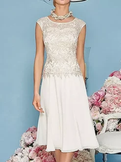 Mother Dress Jewel Neck Three Quaters Sleeves Tea-Length A-Line Guest Dresses For Wedding