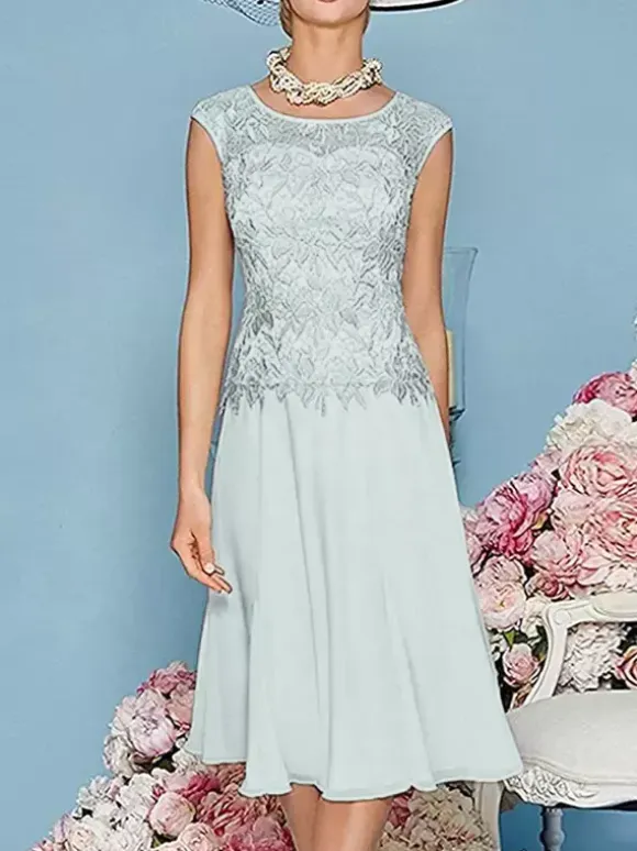Mother Dress Jewel Neck Three Quaters Sleeves Tea-Length A-Line Guest Dresses For Wedding