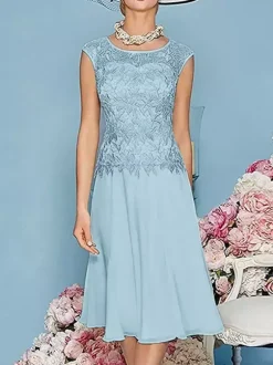 Mother Dress Jewel Neck Three Quaters Sleeves Tea-Length A-Line Guest Dresses For Wedding