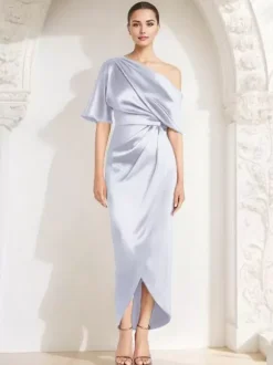 Mother Dress One-Shoulder Half Sleeves Pleated Sheath Guest Dresses For Wedding