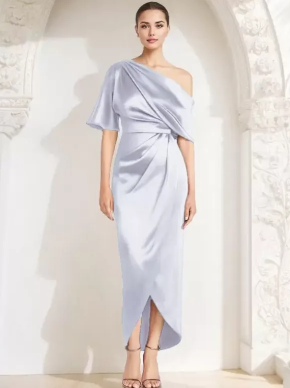 Mother Dress One-Shoulder Half Sleeves Pleated Sheath Guest Dresses For Wedding