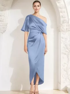 Mother Dress One-Shoulder Half Sleeves Pleated Sheath Guest Dresses For Wedding