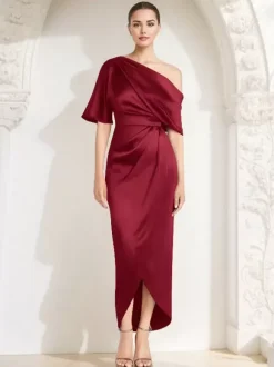 Mother Dress One-Shoulder Half Sleeves Pleated Sheath Guest Dresses For Wedding