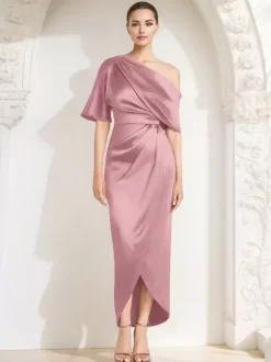 Mother Dress One-Shoulder Half Sleeves Pleated Sheath Guest Dresses For Wedding