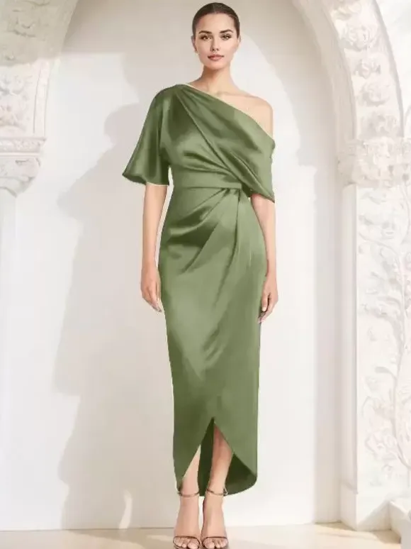 Mother Dress One-Shoulder Half Sleeves Pleated Sheath Guest Dresses For Wedding